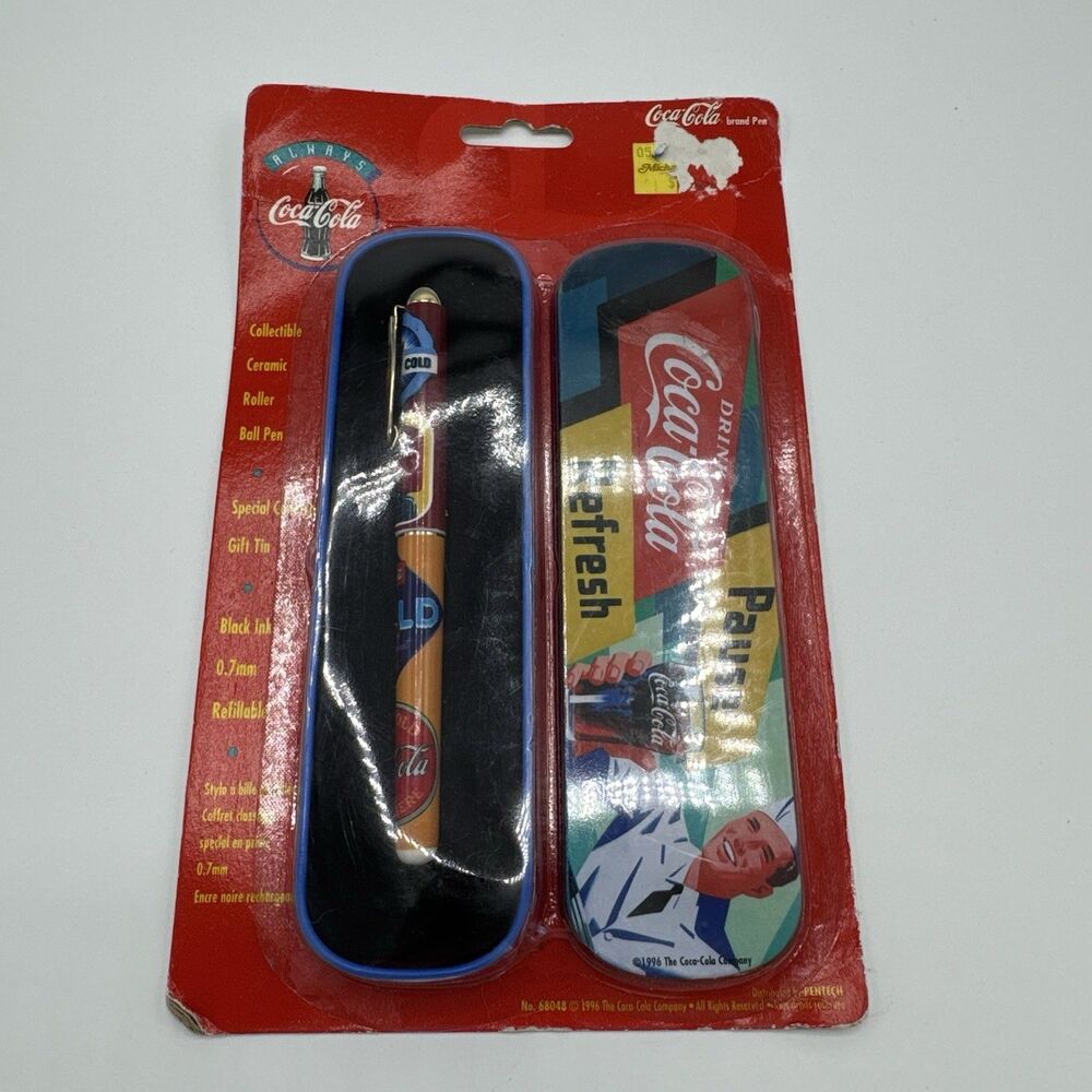 Vtg‎ Coca Cola 1996 Collectible Ceramic Roller Ball Pens  Pause Refresh Gift Tin